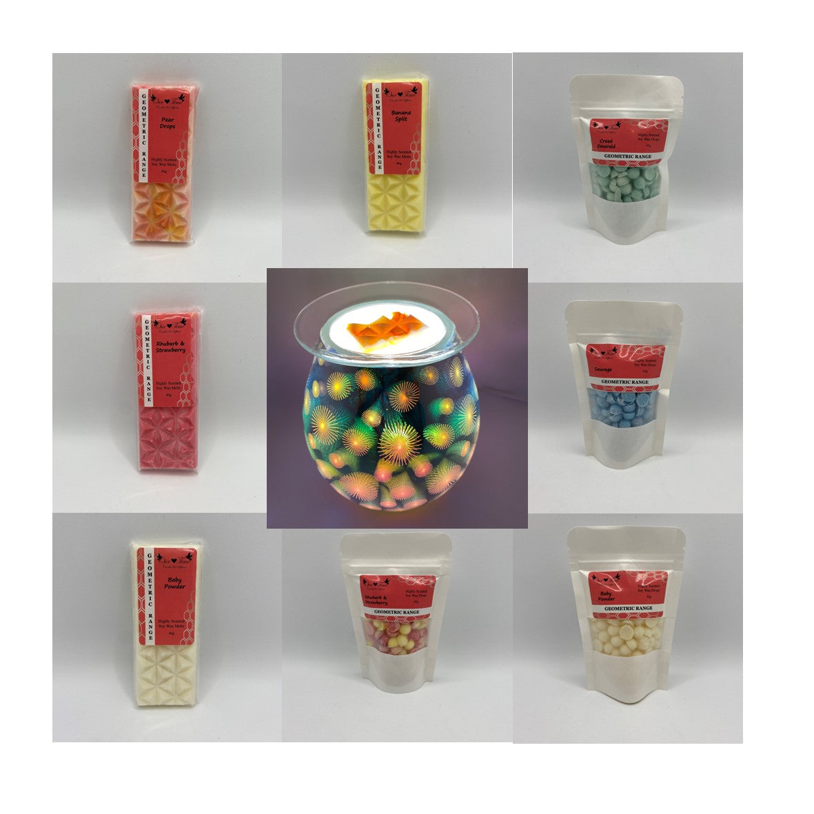 Our Time Geometric range photo showing colourful melts, melt drops and a geometric electric wax melter