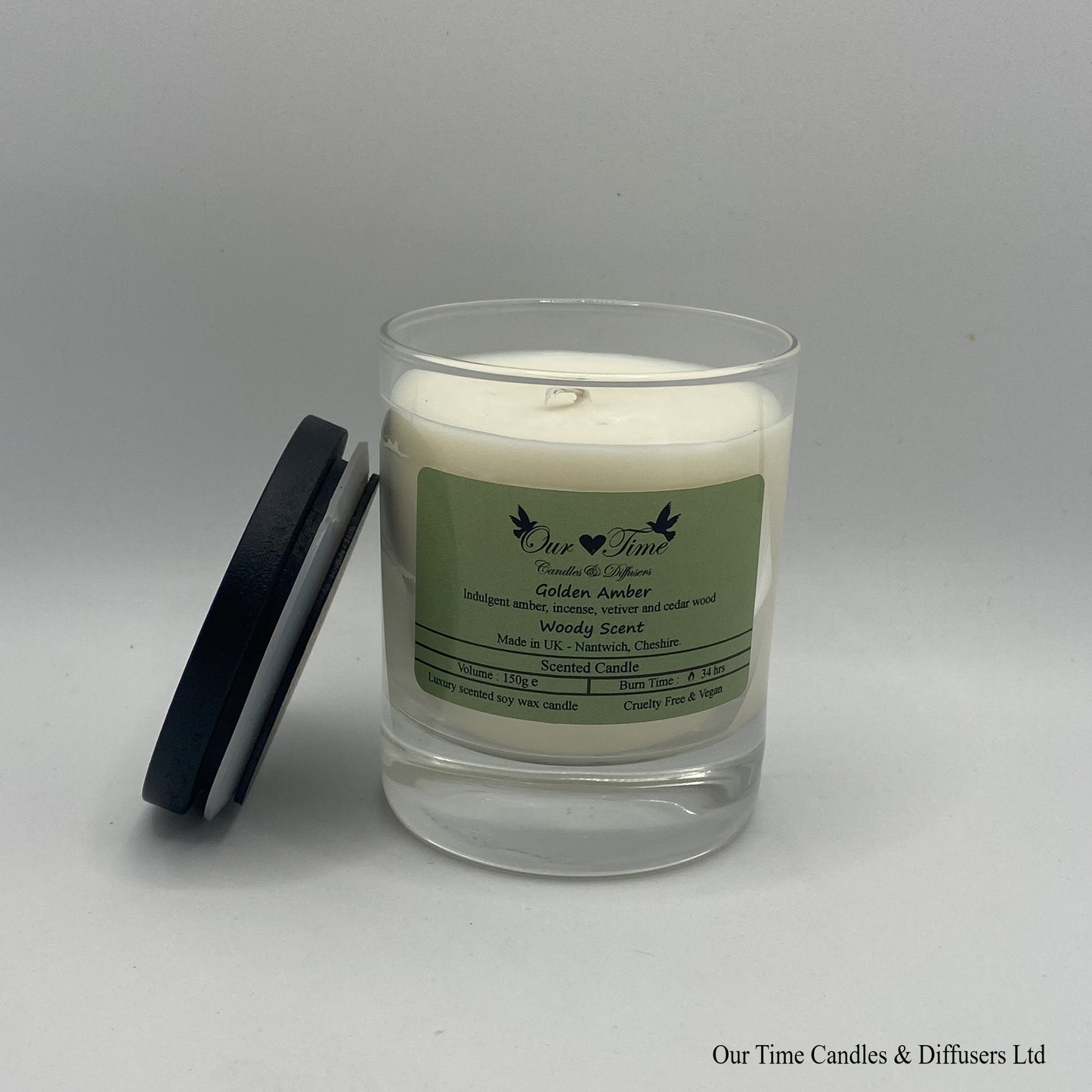 Medium Wax Filled Candle with Black lid off