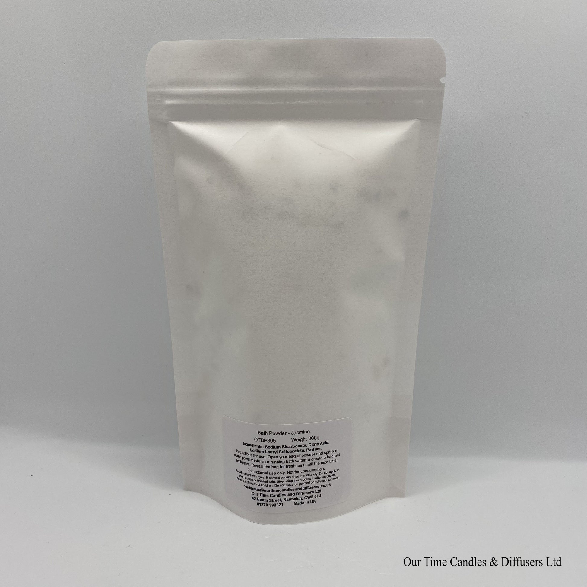 Fizzy bath powder in a white resealable bag