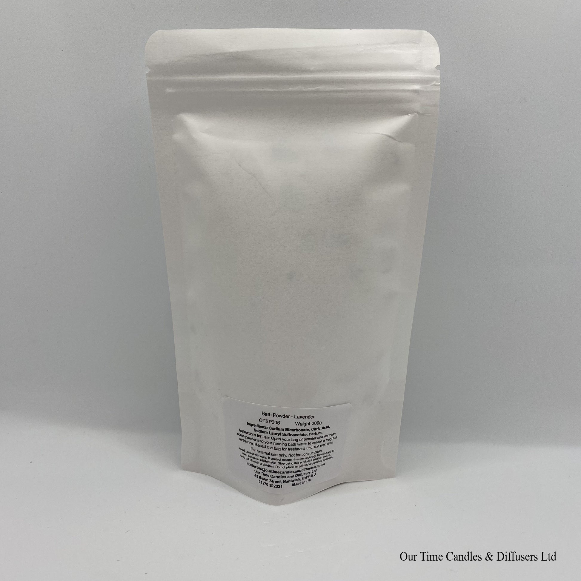 Fizzy bath powder in a white resealable bag