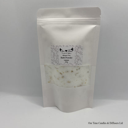 Fizzy bath powder in a white resealable bag