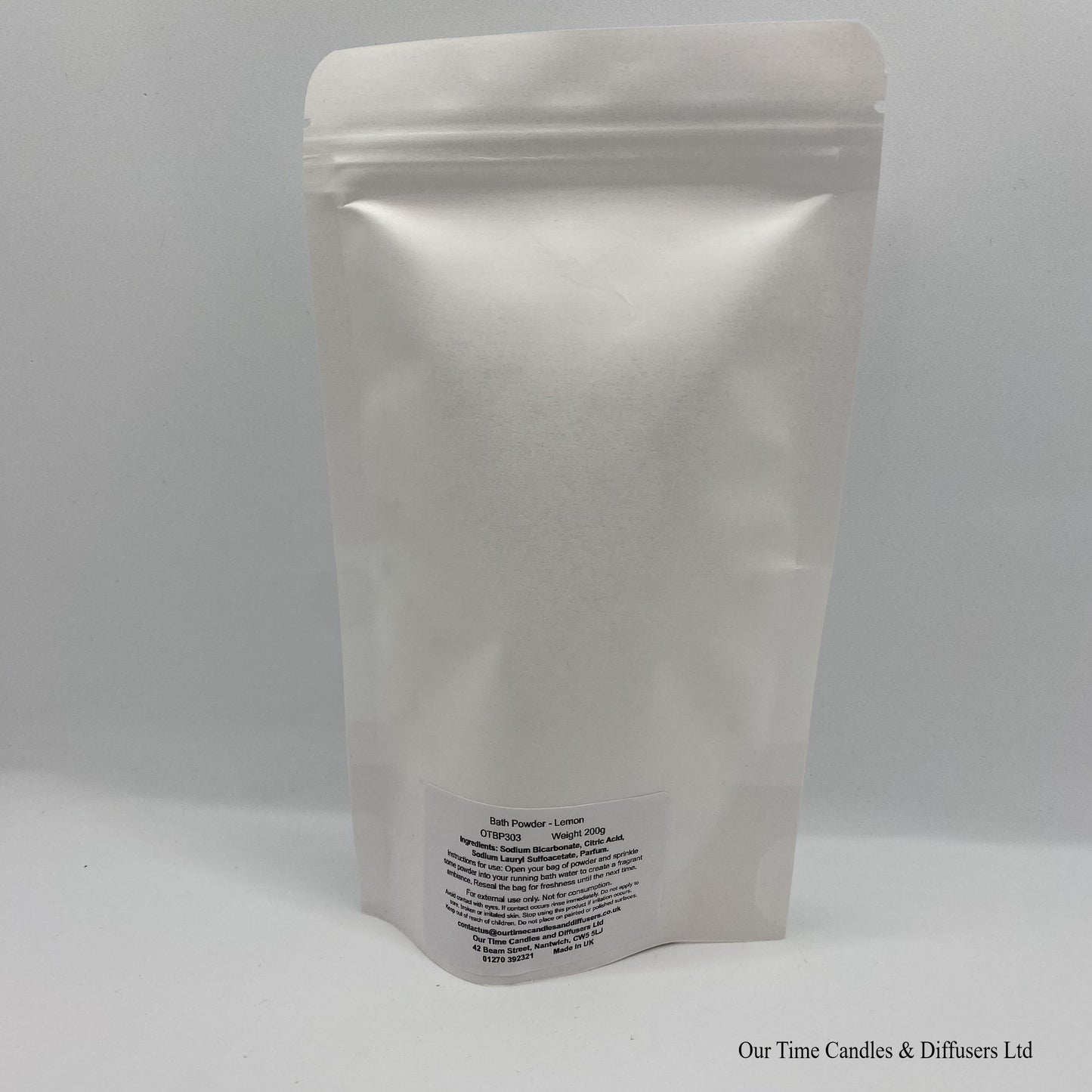 Fizzy bath powder in a white resealable bag