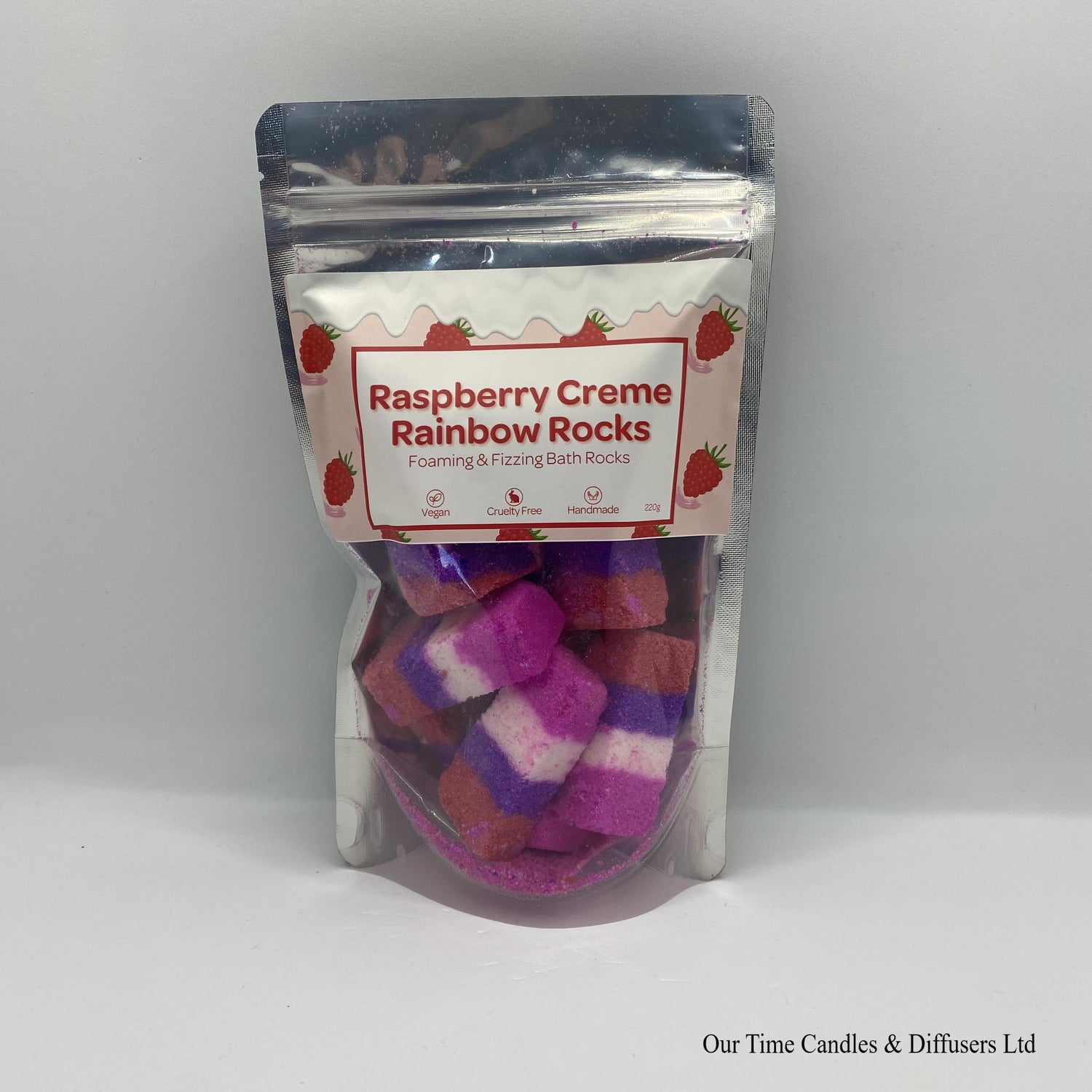 Raspberry Crème bath rocks in a bag