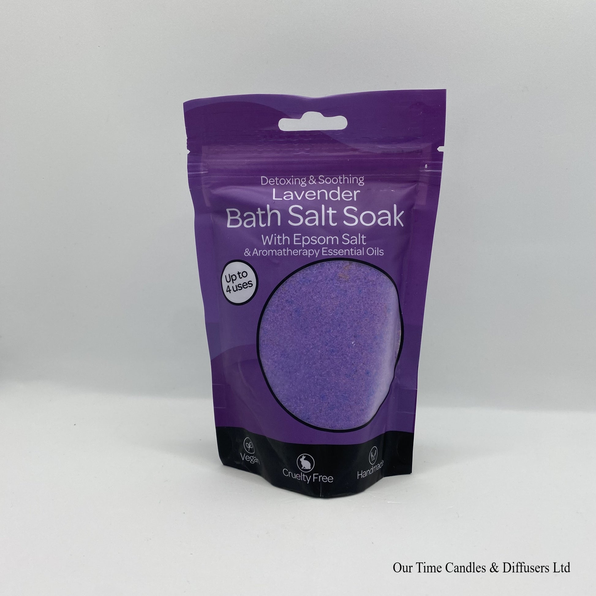 Lavender bath soak powder in a purple resealable bag