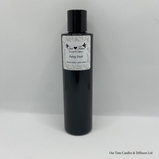 Black Bottle with black cap and white label with hand and body lotion