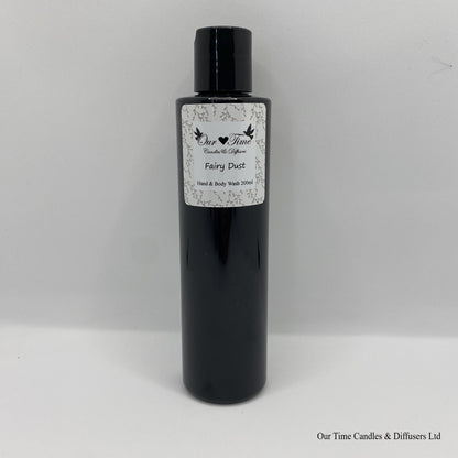 Black Bottle with black cap and white label with hand and body wash