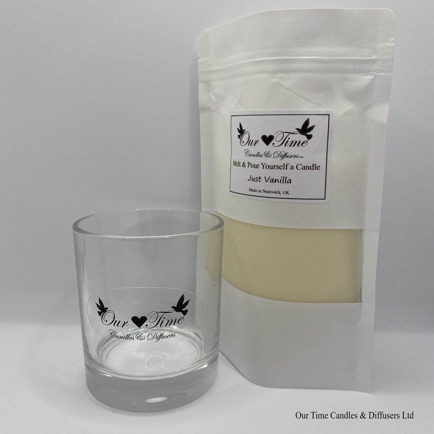 Candle Making Melt & Pour Yourself a Candle Wax, Wick and wick holder supplied in a white bag.