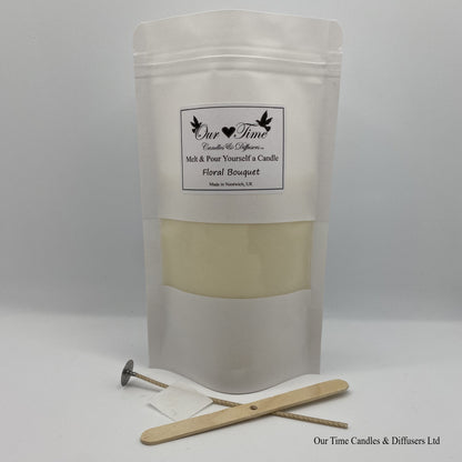 Candle Making Melt & Pour Yourself a Candle Wax, Wick and wick holder supplied in a white bag.