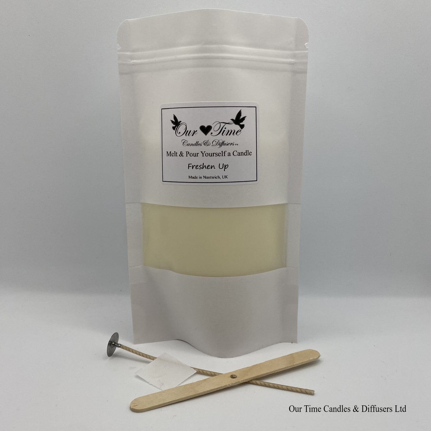 Candle Making Melt & Pour Yourself a Candle Wax, Wick and wick holder supplied in a white bag.