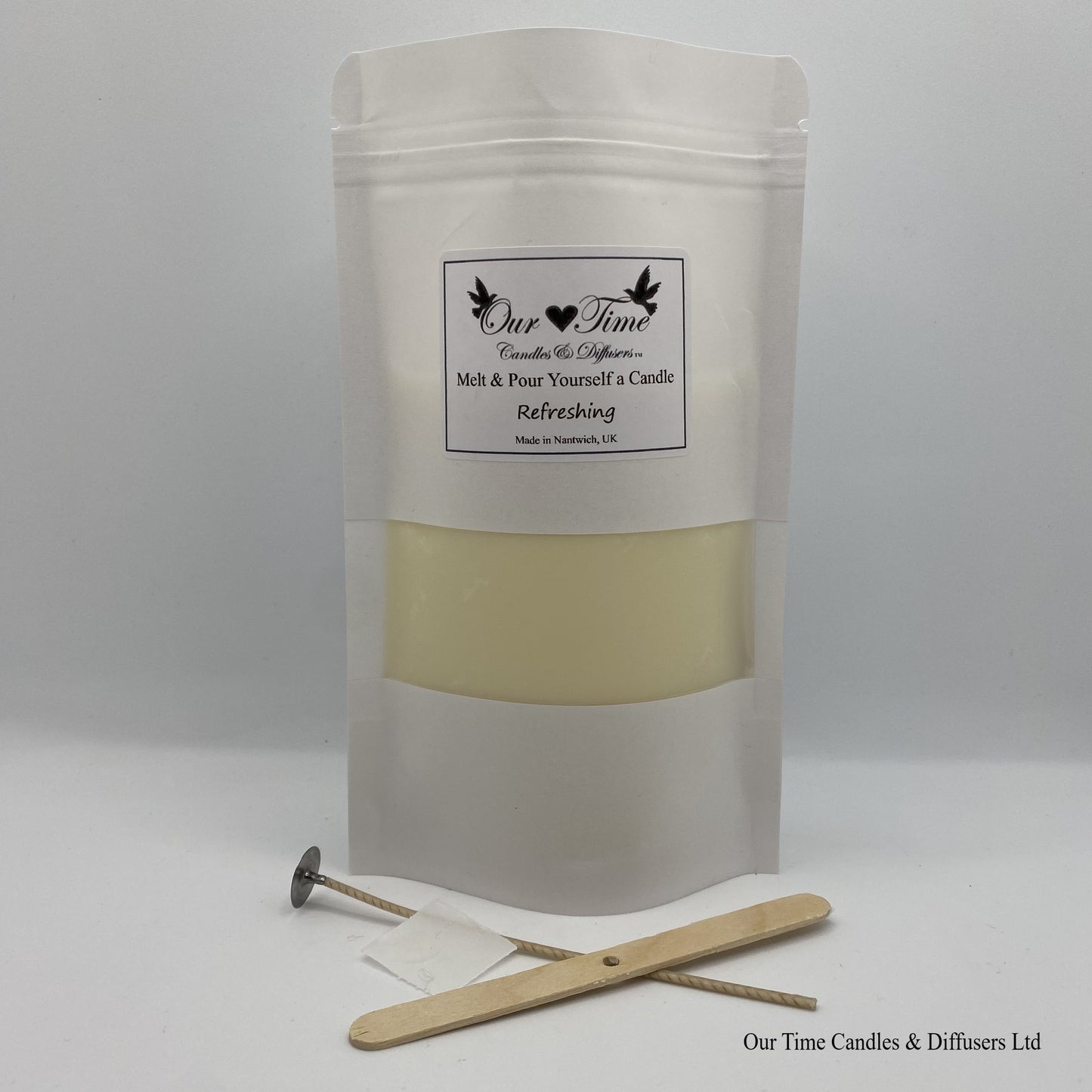 Candle Making Melt & Pour Yourself a Candle Wax, Wick and wick holder supplied in a white bag.