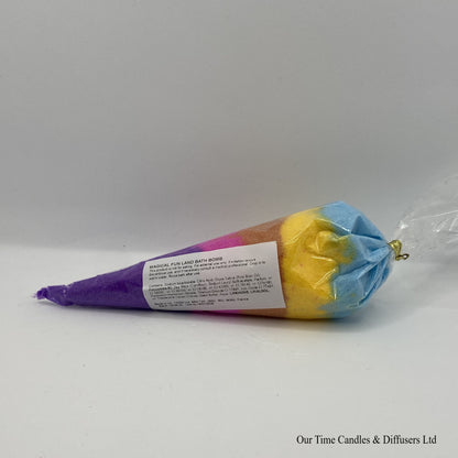 Multi coloured bath bomb dust in a cone shaped bag