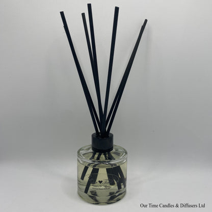 Our Time Diffuser in clear glass, black overcap and black reeds