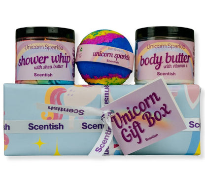 Gift set image showing wrapped gift box plus contents of whipped soap and bath bomb.