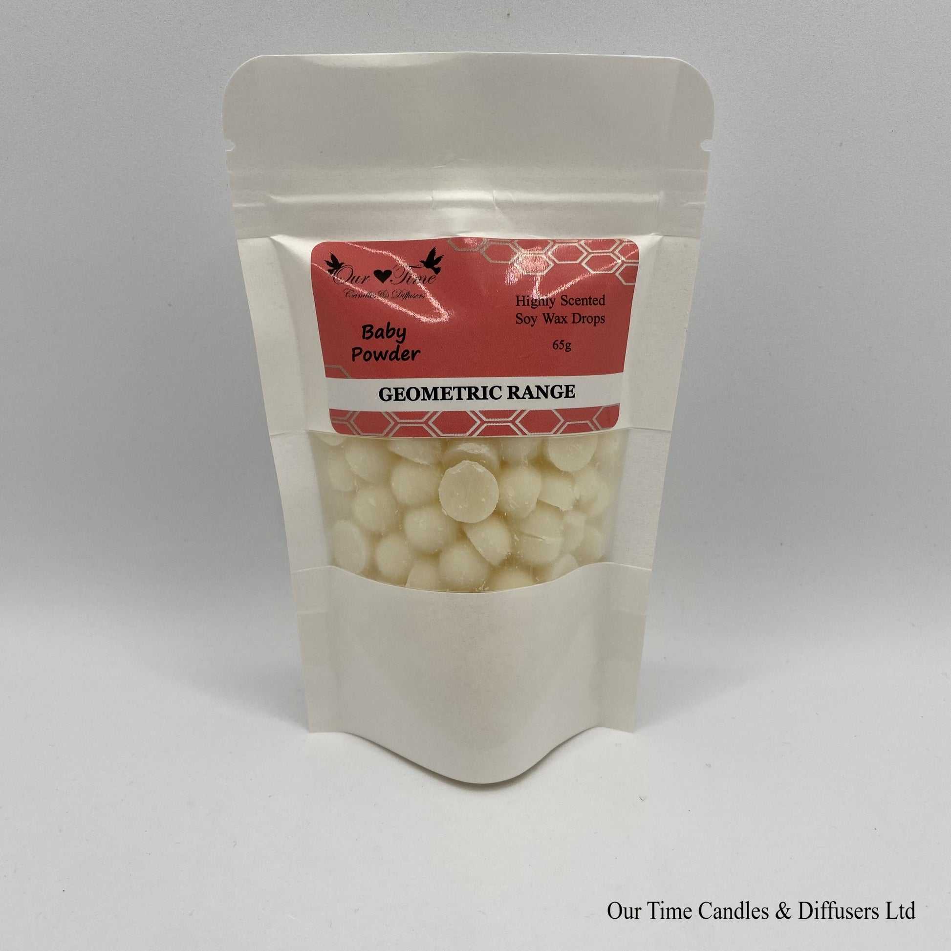 Baby Powder scented soy wax melt drops in a white bag