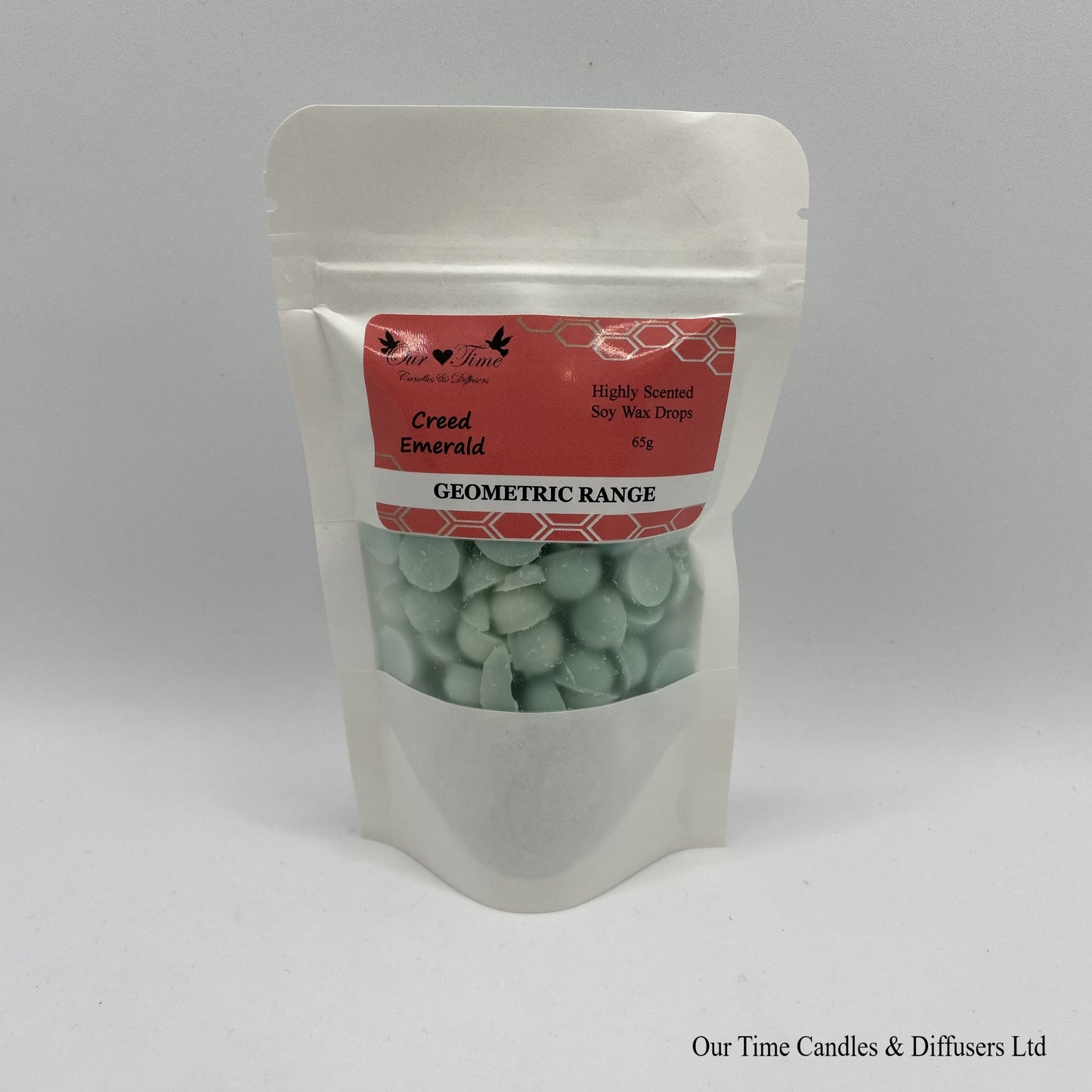 Creed Emerald Inspired scented soy wax melt drops in a white bag