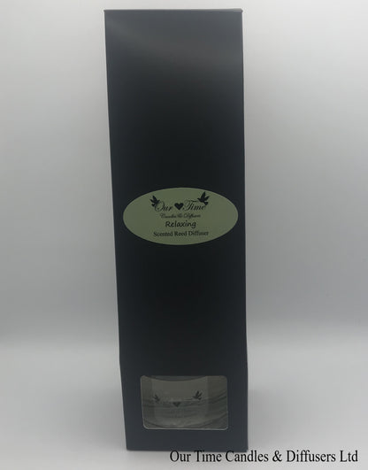 reed diffuser 100ml supplied in a clear bottle with black cap packed into a black box